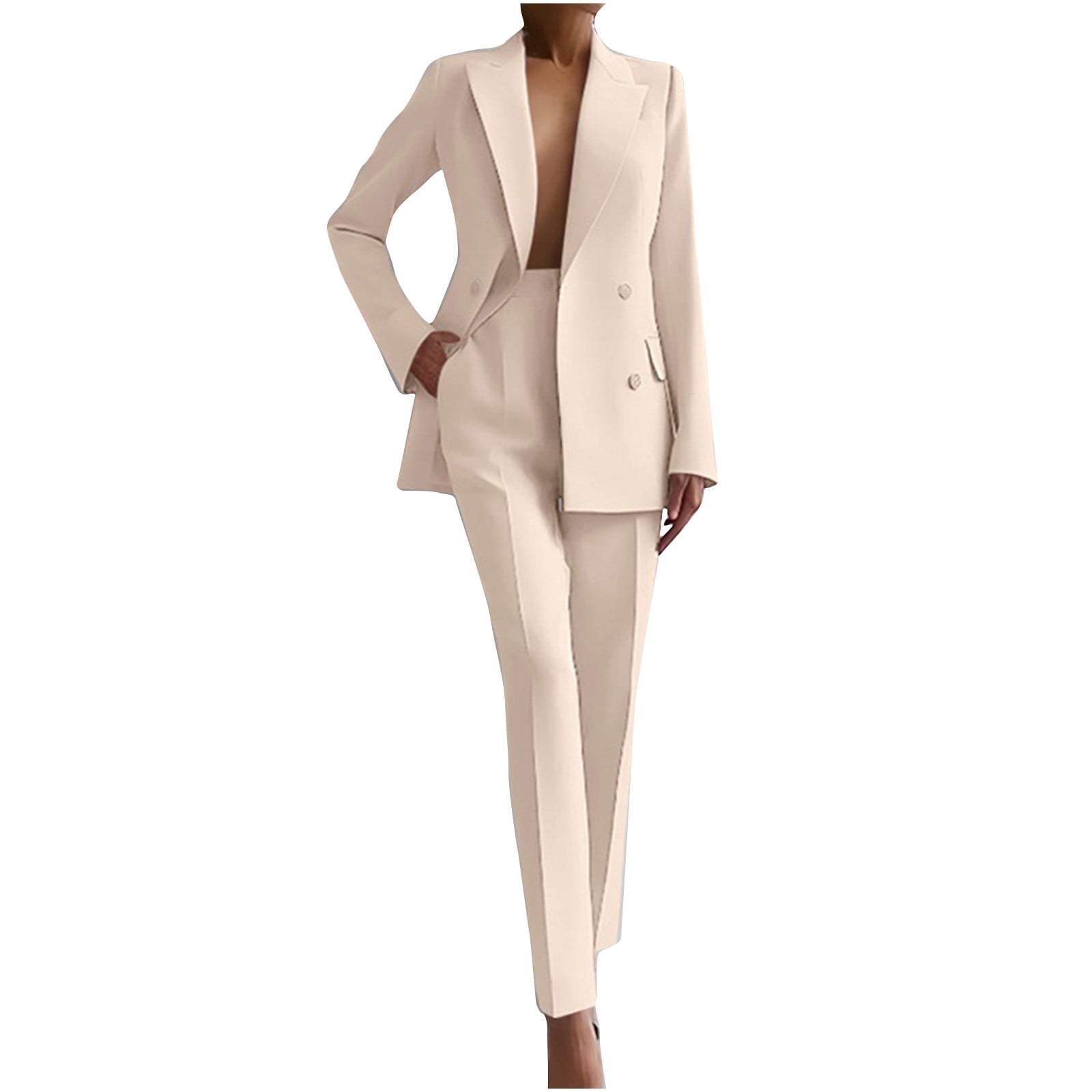 YUGYXL Womens 2 Piece Outfits Double Breasted Blazer and Straight Leg Work Pants Casual Blazer Set Dressy Business Office Suits Beige XL