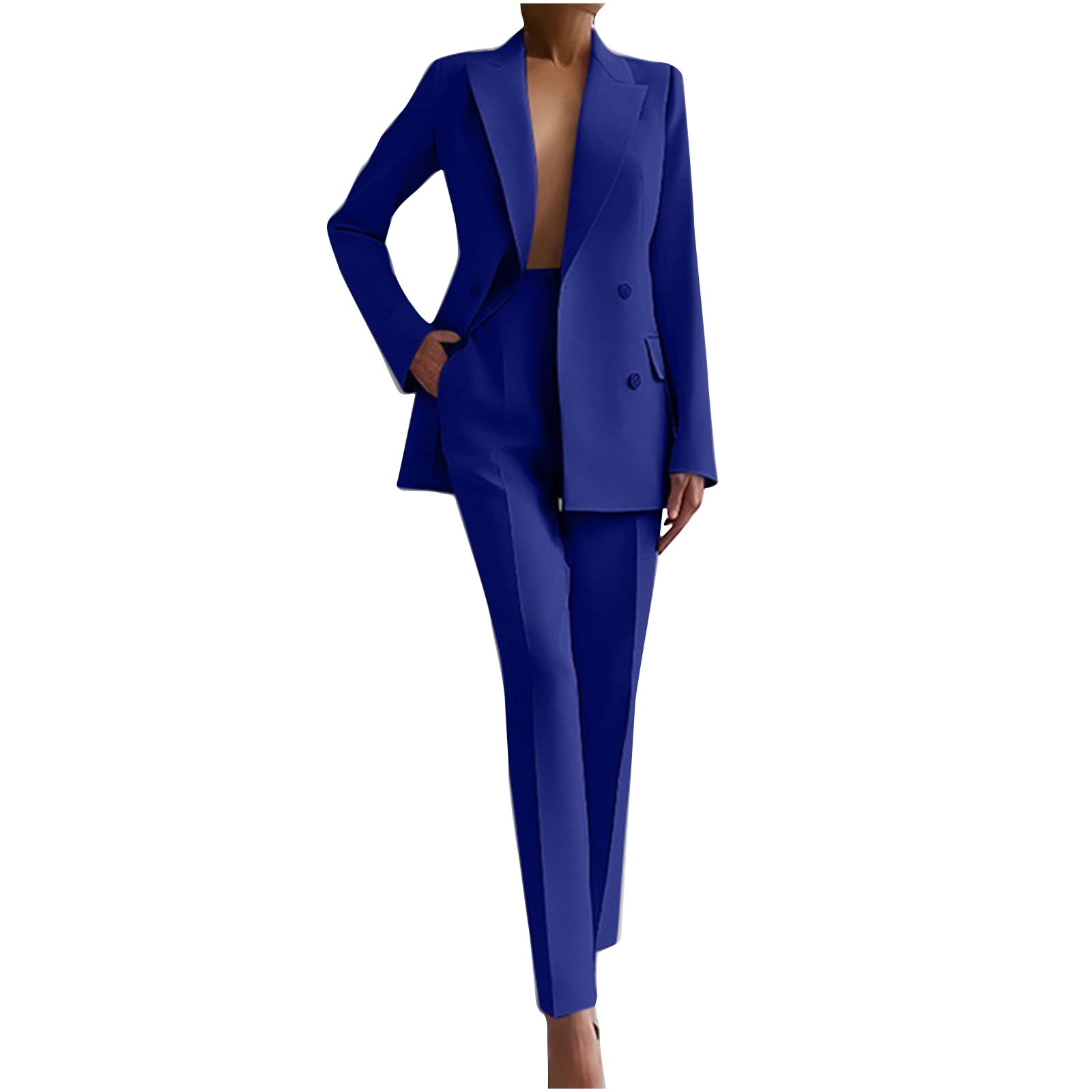 YUGYXL Womens 2 Piece Outfits Double Breasted Blazer and Straight Leg Work Pants Casual Blazer Set Dressy Business Office Suits Blue S