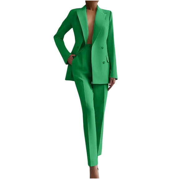YUGYXL Womens 2 Piece Outfits Double Breasted Blazer and Straight Leg Work Pants Casual Blazer Set Dressy Business Office Suits Green XL