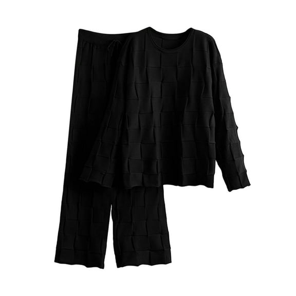 YUGYXL Womens 2 Piece Outfits Sweater Set Long Sleeve Knit Top and Elastic Waist Wide Leg Pant Lounge Sets Casual Sets Black Free Size