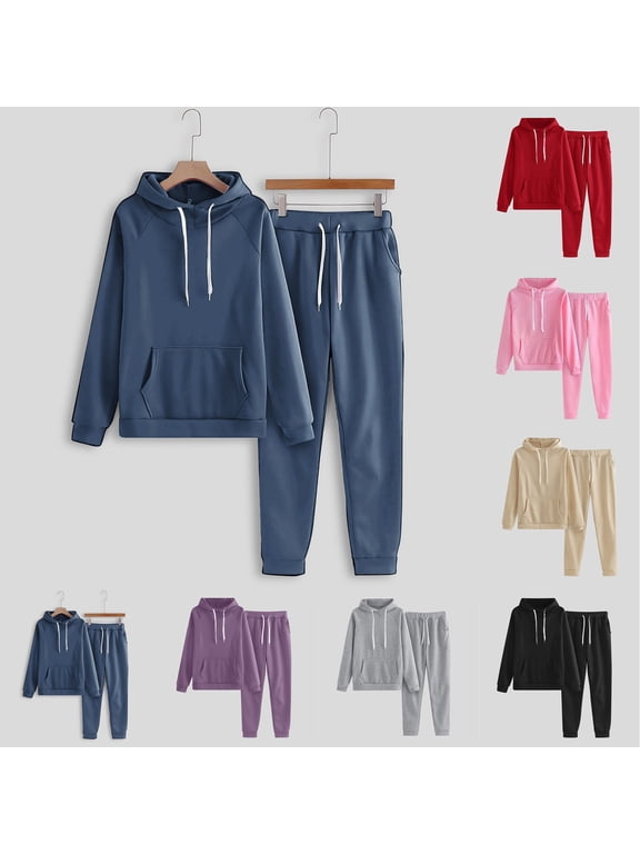Womens 2 Piece Sweatsuits Casual Thin Fleece Sportwear Suit Soft Comfy Hoodie Sweatshirt Waist Drawstring Sweatpants Tracksuit Sets Sale Purple,S