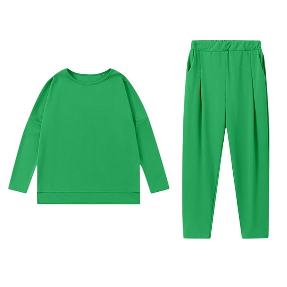 YUGYXL Womens 2 Piece Sweatsuits Daily Sport Sets Solid Color Elastic Waist Long Pants Active Gym Outfits Green L