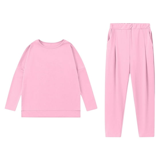 YUGYXL Womens 2 Piece Sweatsuits Daily Sport Sets Solid Color Elastic Waist Long Pants Active Gym Outfits Pink L