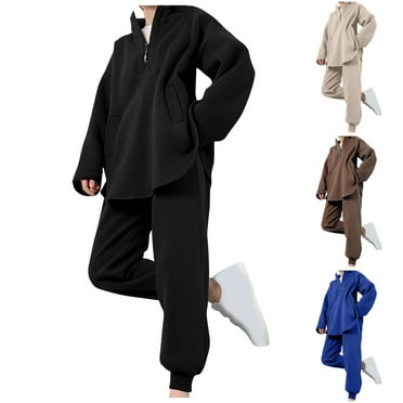 YUGYXL Womens 2 Piece Sweatsuits Solid Color Thin Fleece Outfit Loose Fit 1/4 Zip Sweatshirt Waist Stretch Sweatpants Casual Solid Color Tracksuit Sets 2025 Clearance Black,S