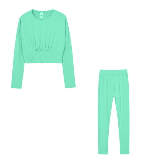 YUGYXL Womens 2 Piece Tracksuit Long Sleeve Crewneck Cropped Tops and Solid Stretchy Straight Pants Casual Loungewear Sets Green S