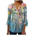 thumbnail image 1 of YUGYXL Womens 3/4 Bell Sleeve Button V-Neck Tunics Casual Lightweight Ruffled Slim Fit Blouse Trendy Floral Print Henley Shirts Comfy Swing Pleated Tops, 1 of 5