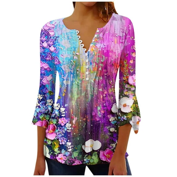 YUGYXL Womens 3/4 Flared Sleeve Shirts Casual Oil Paint Print Button V-Neck Tunics Trendy Swing Pleated Henley Shirt Gradient Color Plus Size Ruffled Blouses