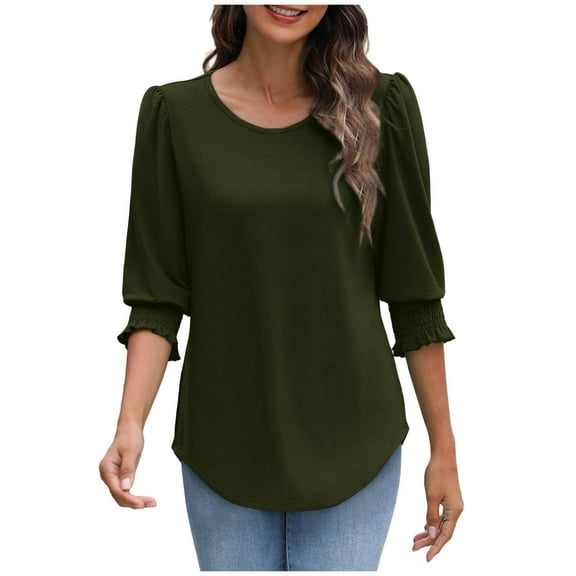 YUGYXL Womens 3/4 Length Puff Sleeve Tops Round Neck Tunics Tshirts Business Classic Tees Solid Color Shirts Army Green L