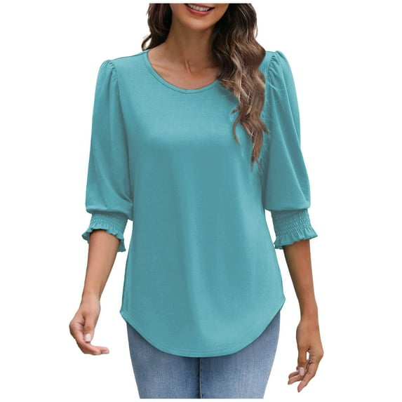 YUGYXL Womens 3/4 Length Puff Sleeve Tops Round Neck Tunics Tshirts Business Classic Tees Solid Color Shirts Light Blue L