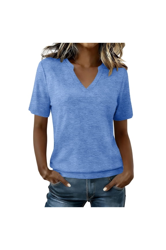 Womens Banded Bottom Tops Short Sleeve V Neck Loose Fit Solid T Shirts Summer Casual Lounge Comfy Blouses Light Blue Tops XXL