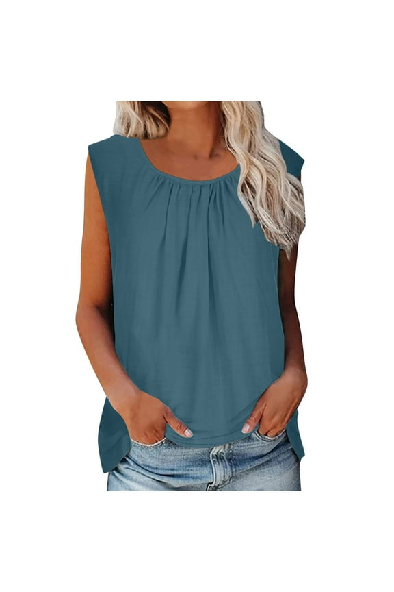 Womens Basic Loose Fit Tank Tops Sleeveless Pleated Pullover Top for Women Lightweight Breathable Blouse Navy,L