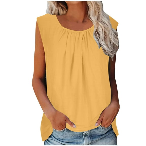 YUGYXL Womens Basic Loose Fit Tank Tops Sleeveless Pleated Pullover Top for Women Lightweight Breathable Blouse Yellow,L
