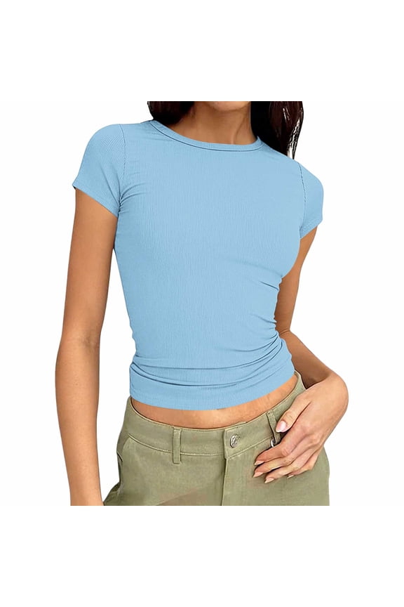 Womens Basic T Shirts Summer Crop Tops Short Sleeve Slim Fit Casual Tee Cute Crewneck Y2k Ribbed Striped T-Shirt Light Blue XXL
