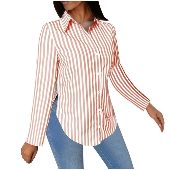 YUGYXL Womens Button Down Cardigan Shirts Trendy Striped Lapel Long Sleeve Tshirts Ladies Tunics Lightweight Cardigans Pink XXL