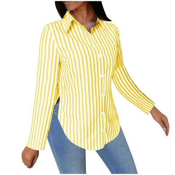 YUGYXL Womens Button Down Cardigan Shirts Trendy Striped Lapel Long Sleeve Tshirts Ladies Tunics Lightweight Cardigans Yellow XXL