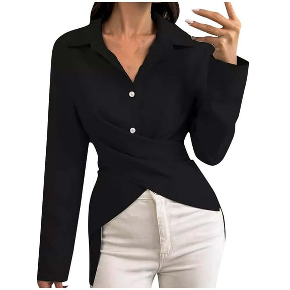 YUGYXL Womens Button Down Shirts Fashion Crisscross Front Lapel Tops Slim Fit Plain V Neck Shirts Asymetrical Work Blouses Black S
