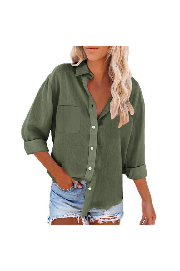 Womens Button Down Shirts Long Sleeve Dressy Casual Blouses Button Up Collared Shirts Tops with Pocket Army Green XXL