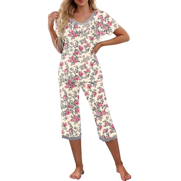 YUGYXL Womens Capri Pajama Sets Short Sleeve Sleepwear Top and Capri Pants Trendy Printed 2 Piece Loungewear with Pockets A Pink S