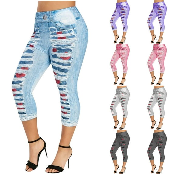 YUGYXL Womens Capri Tummy Control Leggings Tights Fashion Printed Yoga Pants Workout Everyday Yoga Leggings Sky Blue,XL