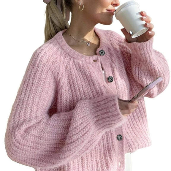 YUGYXL Womens Cardigan Sweater Button Down Long Sleeve Chunky Soft Knit Sweater Fall Open Front Loose Casual Cardigan Coat Pink L