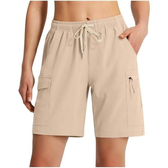 YUGYXL Womens Cargo Shorts Elastic Waist Hiking Shorts with Zipper Pockets Drawstring Lightweight Shorts Vacation Pants Beige L
