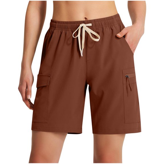 YUGYXL Womens Cargo Shorts Elastic Waist Hiking Shorts with Zipper Pockets Drawstring Lightweight Shorts Vacation Pants Brown XL