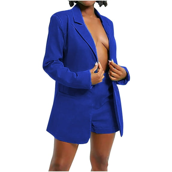 YUGYXL Womens Casual 2 Piece Suit Set Lightweight Solid Color Work Office Blazer Jackets Trendy Shorts Business Suit Set Today Blue,XL