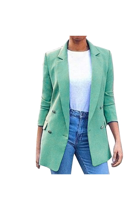 Womens Casual Blazers Lightweight Long Sleeve Work Office Blazer Jackets Trendy Double Breasted Lapel Business Suit Jacket Fall Slim Fit Cardigan Lightning Today Green,XXL