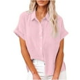 thumbnail image 1 of YUGYXL Womens Casual Cotton Linen Solid Shirts Lightweight Short Sleeve Tops Summer Loose Fit V-Neck lapel Tees 2025 Trendy Side Split Blouse without Pocket, 1 of 8