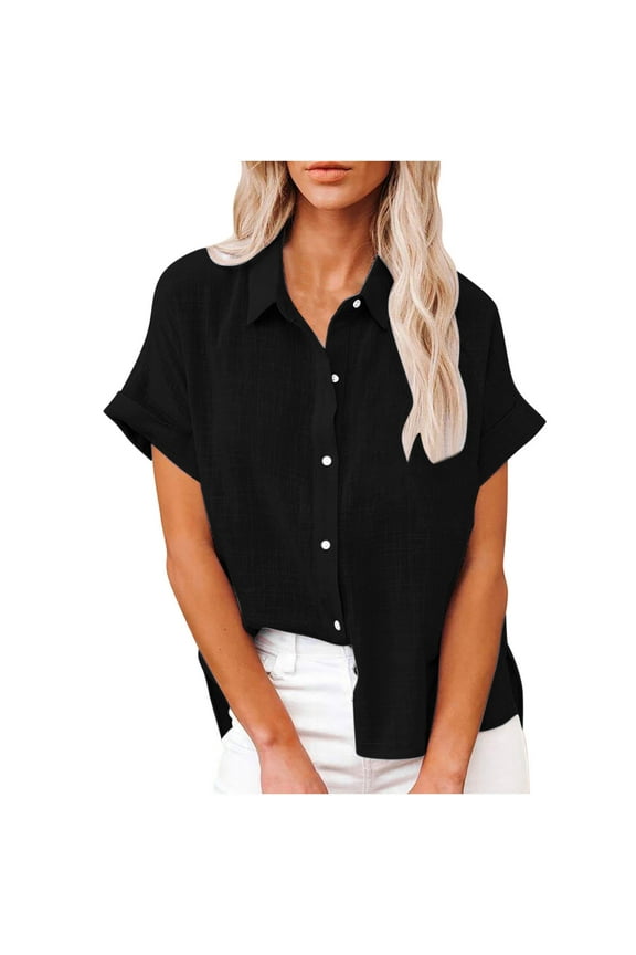 Womens Casual Cotton Linen Solid Shirts Lightweight Short Sleeve Tops Summer Loose Fit V-Neck lapel Tees Trendy Side Split Blouse without Pocket