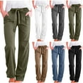 thumbnail image 1 of YUGYXL Womens Casual Linen Pants Band Waist Long Pants Elegant Straight Wide Leg Pants Petite Summer Office Trousers Coffee XL, 1 of 6