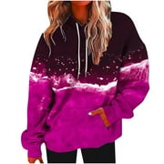 YUGYXL Womens Casual Long Sleeve Hoodie Fall Sweatshirt with Kangaroo Pocket Loose Fit Drawstring Hooded Wave Print Tie-Dye Pullover Tops Y2K Streetwear Today Clearance Hot Pink,S