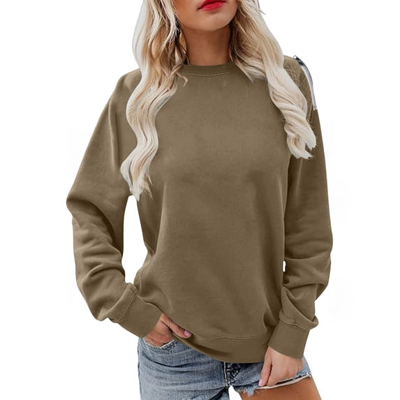 YUGYXL Womens Casual Long Sleeve Sweatshirt Crew Neck Cute Pullover Fit Tops Khaki M