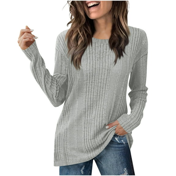 YUGYXL Womens Casual Ribbed Knit Tunic Tops Plain Basic Long Sleeve Shirts Round Neck Undershirt Cute Blouses for Leggings Gray L
