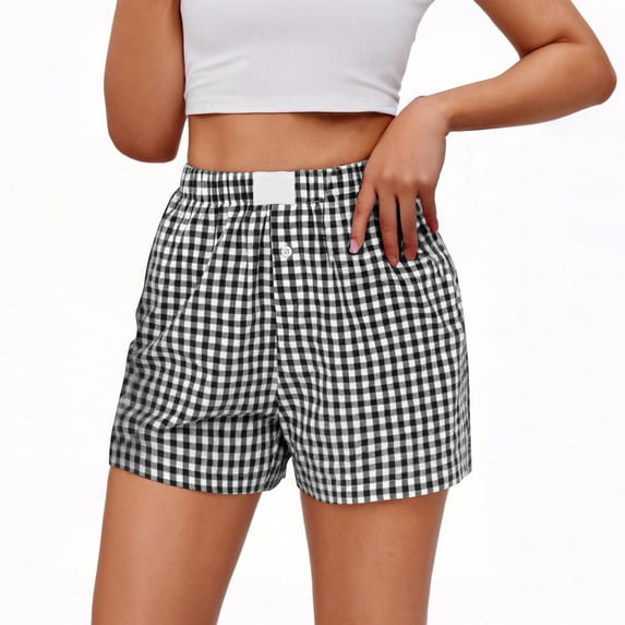 YUGYXL Womens Casual Striped Shorts Cotton Linen Stretch Waist Boxer Shorts Gingham Pajama Sleep Plaid Shorts Y2K Beach Bottoms B Black M