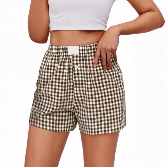 YUGYXL Womens Casual Striped Shorts Cotton Linen Stretch Waist Boxer Shorts Gingham Pajama Sleep Plaid Shorts Y2K Beach Bottoms B Coffee M