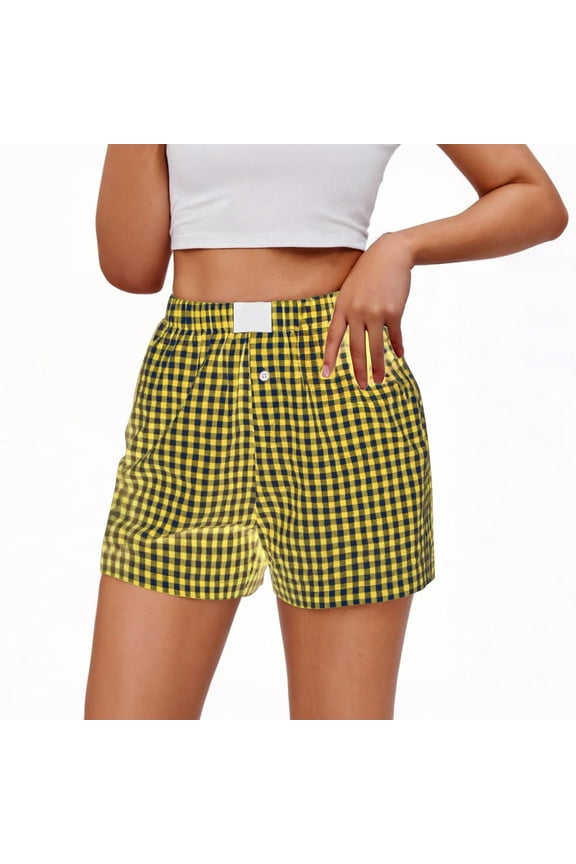 Womens Casual Striped Shorts Cotton Linen Stretch Waist Boxer Shorts Gingham Pajama Sleep Plaid Shorts Y2K Beach Bottoms B Gold XL