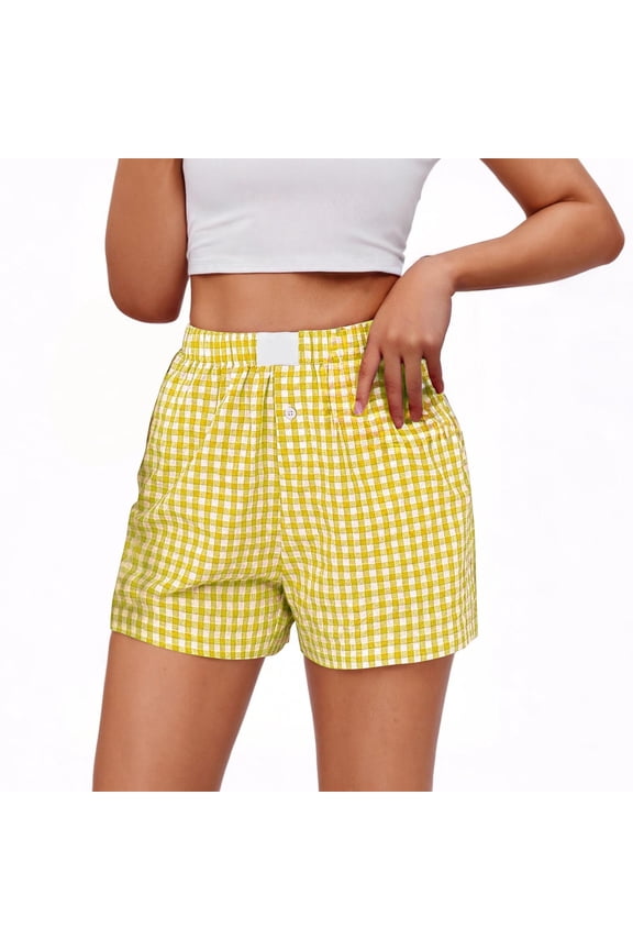 Womens Casual Striped Shorts Cotton Linen Stretch Waist Boxer Shorts Gingham Pajama Sleep Plaid Shorts Y2K Beach Bottoms B Yellow M