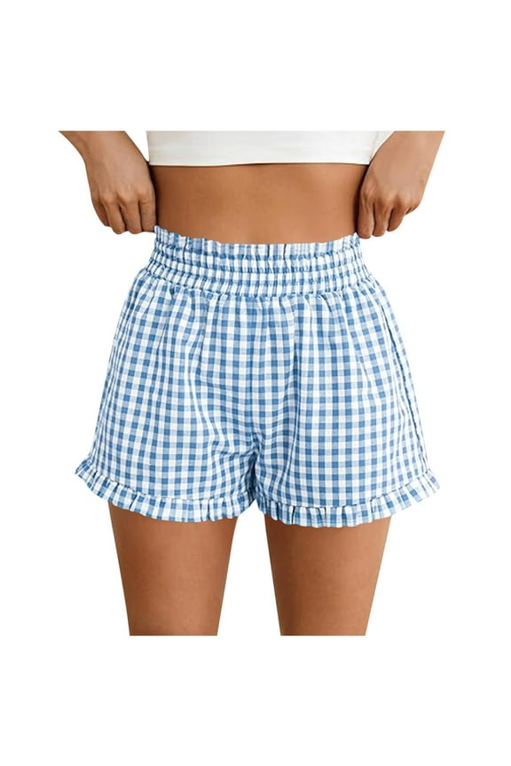 Womens Casual Striped Shorts Cotton Linen Stretch Waist Boxer Shorts Gingham Pajama Sleep Plaid Shorts Y2K Beach Bottoms Light Blue XL