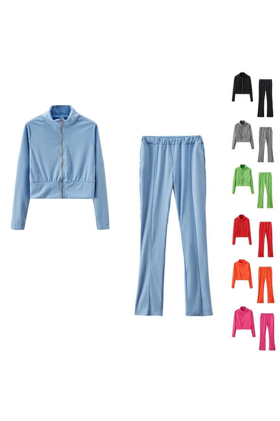 Womens Casual Tracksuit Thin Fleece Solid Color 2 Piece Sweatsuit Sets Full Zip High Neck Cropped Jacket Match Stretch jogging Sweatpants Pink,XXL