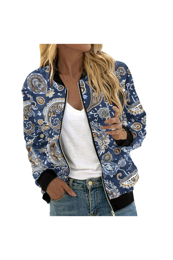 Womens Casual Zip Jackets Casual Print Aztec Bomber Jacket Plus Size Full-Zip Streetwear Windbreaker Loose Fit Stand Collar Varsity Jacket Lightning Today