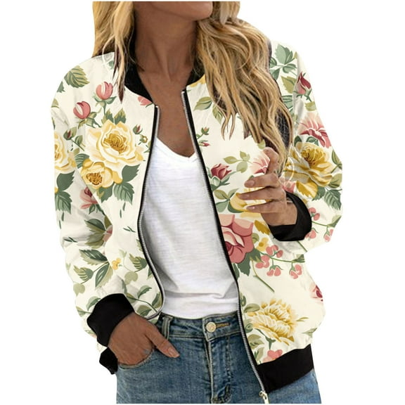 YUGYXL Womens Casual Zip Jackets Casual Print Aztec Bomber Jacket Plus Size Full-Zip Streetwear Windbreaker Loose Fit Stand Collar Varsity Jacket Today's