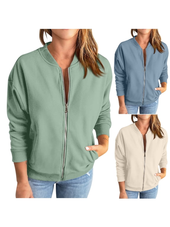 Womens Casual Zip Jackets Trendy Tin Fleece Bomber Jacket Full-Zip Solid Color Streetwear Windbreaker Loose Fit Stand Collar Varsity Jacket Today Sales