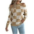 thumbnail image 1 of YUGYXL Womens Checkered Sweater Fall Winter Long Sleeve Off Shoulder Knitted Sweater Khaki S, 1 of 9