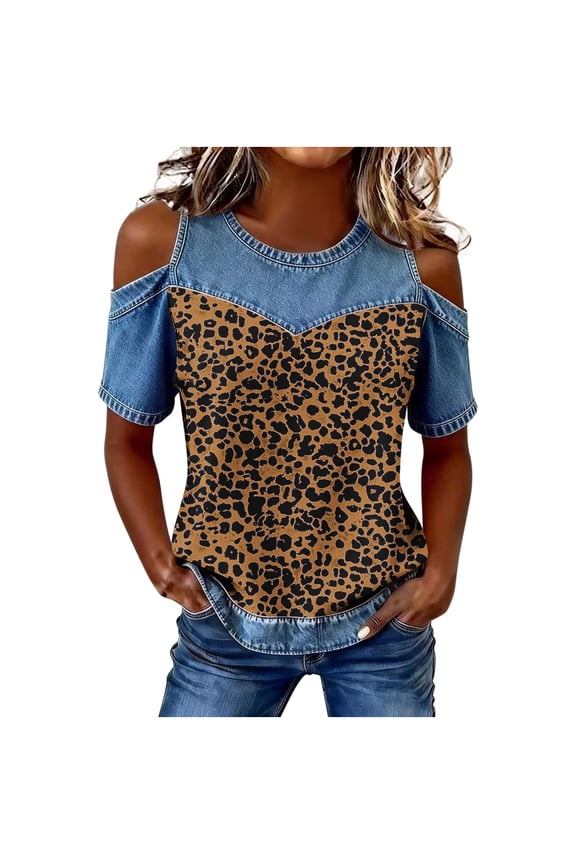 Womens Cold Shoulder Tops Summer Casual Short Sleeve Crew Neck Blouses T-Shirts Denim Patchwork Vintage Tees Khaki Top XXXL