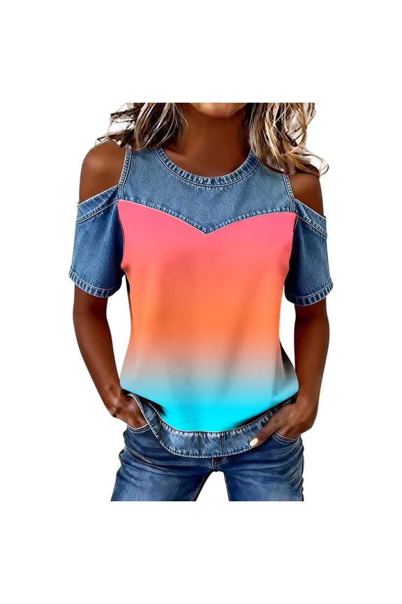 Womens Cold Shoulders Blouses Patchwork Tees Fashion Crew Neck Short Sleeve Shirts Vacation Tops Orange Top XXL