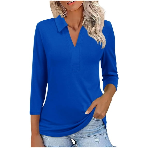 YUGYXL Womens Collared Tunics Shirts 3/4 Length Sleeve Tshirts Casual V Neck Lightweight Comfy Blouses Solid Color Tops Blue L