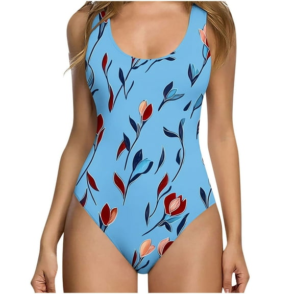 YUGYXL Womens Color Block Print One Piece Swimsuits Athletic Training Swimwear Bathing Suits Light Blue L