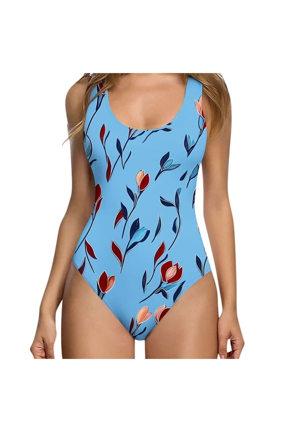 Womens Color Block Print One Piece Swimsuits Athletic Training Swimwear Bathing Suits Light Blue S
