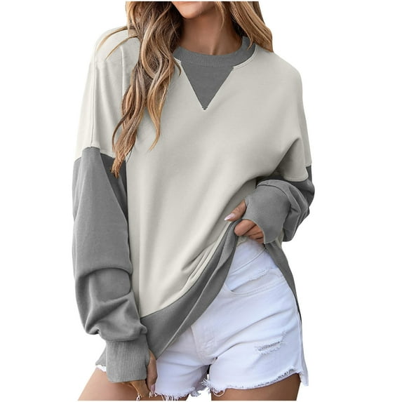 YUGYXL Womens Color Block Sweatshirts with Thumb Hole Fall Long Sleeve Crew Neck Oversized Pullover Tops Loose Fit Gray XL